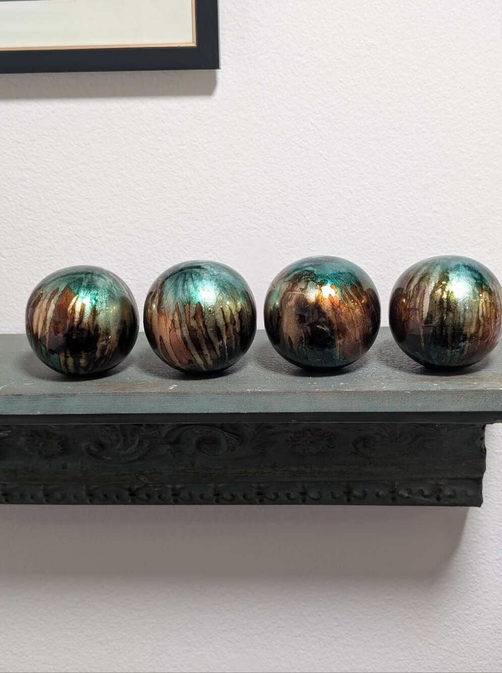 Pier 1 Imports Metallic Drip Foil 4” Ceramic Sphere Ball Orb Set of 4 Teal Gold